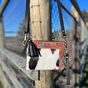 Hand-tooled Floral Turquoise Leather Cowhide Grey Clutch Wristlet Bag Gift